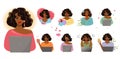 A set of portraits of African American women. Icons of cartoon girls at work, study, at home, during leisure and Royalty Free Stock Photo