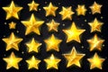 A large set of shiny gold star icons in different style on a dark background Royalty Free Stock Photo