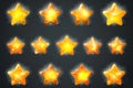 A large set of shiny gold star icons in different style on a dark background Royalty Free Stock Photo