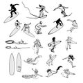 A large set of sketches of surfers in different dynamic poses.