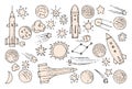 Large set of space objects. Planets and stars. Beautiful space object. Simple doodle drawing in childish style. Outline
