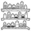 A large set of spices in a jar. Herb shelves. Sketch scratch board imitation.