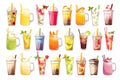 Large set of summer cocktails and drinks. Mojito, smoothies with various fruits, bubble tea, lemonade. Royalty Free Stock Photo