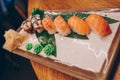 Large set of Sushi Rolls Warm Ebi Sake Unagi Spring. A lot assortment Philadelphia roll Dishes from Japanese raw fish  in one Royalty Free Stock Photo