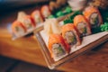 Large set of Sushi Rolls Warm Ebi Sake Unagi Spring. A lot assortment Philadelphia roll Dishes from Japanese raw fish in one