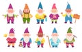 Large set of ten cute cartoon gnomes with assorted accessories Royalty Free Stock Photo