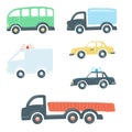 Large set of trucks flat simple cartoon style hand drawing. vector illustration