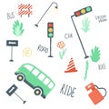 Large set of urban elements flat simple cartoon style hand drawing. cars, roads, traffic lights. vector illustration