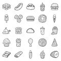 A large set of vector icons of fast food in a flat style outline, which depicts hot dog, sausage, pizza, burger, chicken grill, Royalty Free Stock Photo