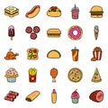 A large set of vector icons fast food in a flat style which depicts hot dog, sausage, pizza, burger, chicken grill, sandwich, Royalty Free Stock Photo