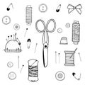 Large set of sewing supplies made of cissors, threads, needles, needle cases, buttons