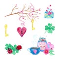 A large set of watercolor elements for Valentine`s Day or wedding day. Flowers, arrow, envelope, balloon, heart, cup and other