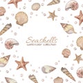 Large set with watercolor illustrations of vintage seashells with pearls isolated on white. Marine collection.