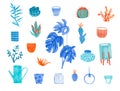 Large set with watercolor indoor plants in orange and blue colors Royalty Free Stock Photo