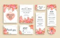 Large set of wedding stationery with pink roses including different cards. RSVP, Thank You, Menu, Reception details Royalty Free Stock Photo