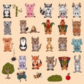 Large set of wild and domestic animals colored in the style of childrens scribbles for design and design background is isolated Royalty Free Stock Photo