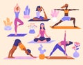 Large set of women performing assorted yoga poses Royalty Free Stock Photo