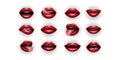 Large set of Women`s lips painted red lipstick isolated vector illustration. Open mouth, tongue out Royalty Free Stock Photo