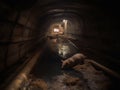 Large sewer tunnel, with water and mud, rats running around, AI generated.