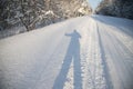 A large shadow of a skier on a frosty sunny day against the background of pure white snow on a snow-covered road. The