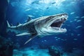 Large Shark With Its Mouth Open in the Water, A Fierce Predator in Action, School of Barracuda swimming in the Red Sea, Egypt, Royalty Free Stock Photo