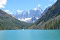 Large Shavlinskoye lake in sunny day in the background of the mountains Skazka and Krasavitsa Tale and Beautiful in a, Altai mou Royalty Free Stock Photo