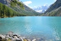 Large Shavlinskoye lake in sunny day in the background of the mountains Skazka and Krasavitsa Tale and Beautiful in a, Altai mou Royalty Free Stock Photo