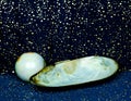 A large shell, mother of pearl, and a light marble in front of a blue and golden background, shimmering like stars in the universe