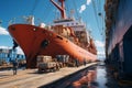 A large ship with containers in a port. A ship carries cargo