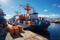 A large ship with containers in a port. A ship carries cargo