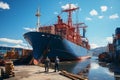 A large ship with containers in a port. A ship carries cargo