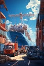 A large ship with containers in a port. A ship carries cargo
