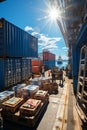 A large ship with containers in a port. A ship carries cargo