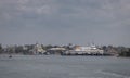 Large ship docked at a pier in the crystal blue ocean in Cape Cod Royalty Free Stock Photo