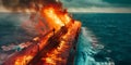 Large Ship Engulfed in Flames on Ocean