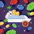 Large ship, luxury passenger vessel, casino, gambling game on water, game chips, flat vector illustration. Tropical