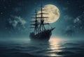 large ship sails in the ocean under a full moon Royalty Free Stock Photo