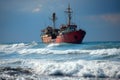 A large ship is stranded offshore, its rust-colored body contrasting with the choppy sea and textured waves. The image evokes Royalty Free Stock Photo
