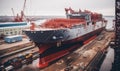 Large Ship Under Construction in Shipyard