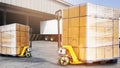 Large shipment pallet goods and hand pallet truck at the warehouse.