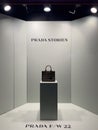Large showcase window with Prada leather women bag - Prada Stories FW 22 Royalty Free Stock Photo