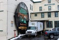 Large sign depicting world`s largest pancake on exterior of Birkett Mills building, Penn Yen, New York, 2018