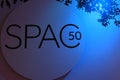 Large sign lit in blue, celebrating SPAC`s 50th year, Saratoga Springs, New York, 2017