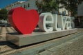 Large signpost with the city name on a square of Elvas