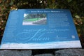 Large signs explaining memorial stones in historic Salem Witch Trial Memorial Park, Massachusetts, 2019