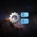 A large silver gear and two blue toggle switches float in outer space, surrounded by a Royalty Free Stock Photo