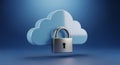 A large, silver padlock is suspended in front of a blue cloud icon, Royalty Free Stock Photo