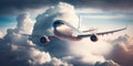 A large silver passenger airliner flies against a beautiful sky. AI Generative