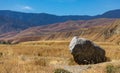 Large single boulder in dry wild oats that spread across landscapr