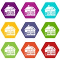 Large single-storey house icon set color hexahedron